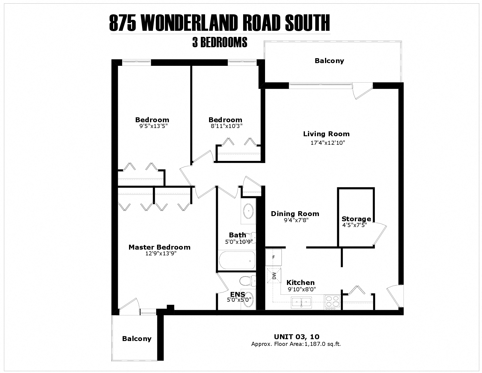 Floor plan for 3 beds, 1.5 baths, 1187 sqft